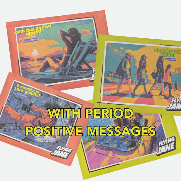 Four colorful posters with 'Flying Jane' branding and positive messages on a white background.